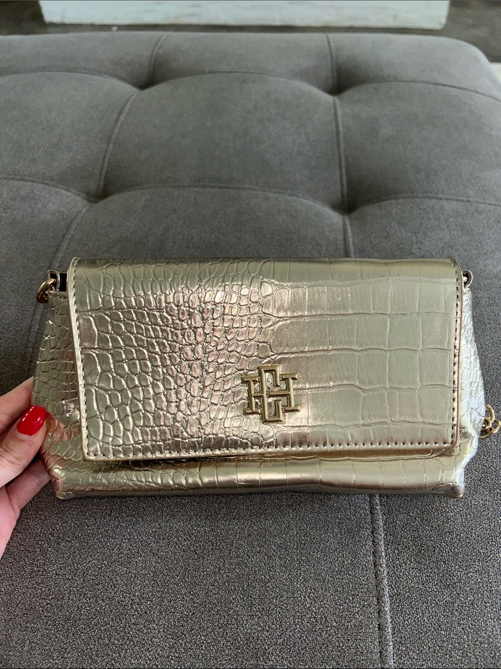Metallic Gold Croc-Embossed Crossbody Clutch with Logo Accent